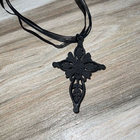 Necklace Pendant, All black, Beaded, Cross pendant On Cord - Picture 7 of 7